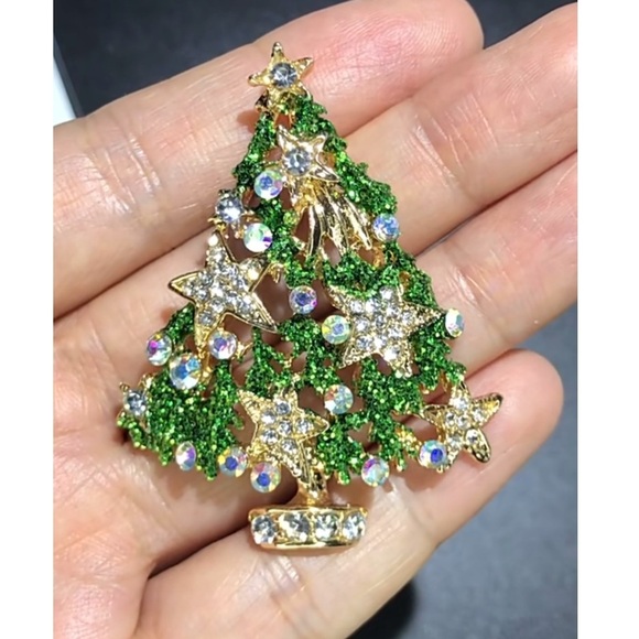 Christmas Tree Star Green Gold Crystal Brooch - Picture 1 of 3